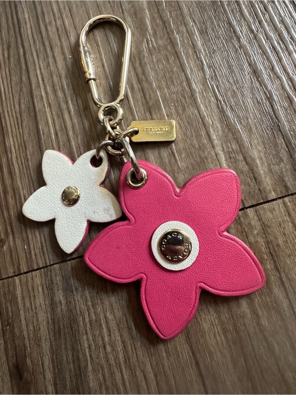 Coach Leather Tea Rose Flower Bag Charm / Keychain Pink White Gold